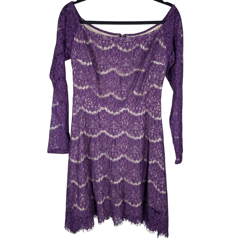 Purple Lace Fit & Flare Dress Long Sleeve Floral Cocktail Party Dress Size M